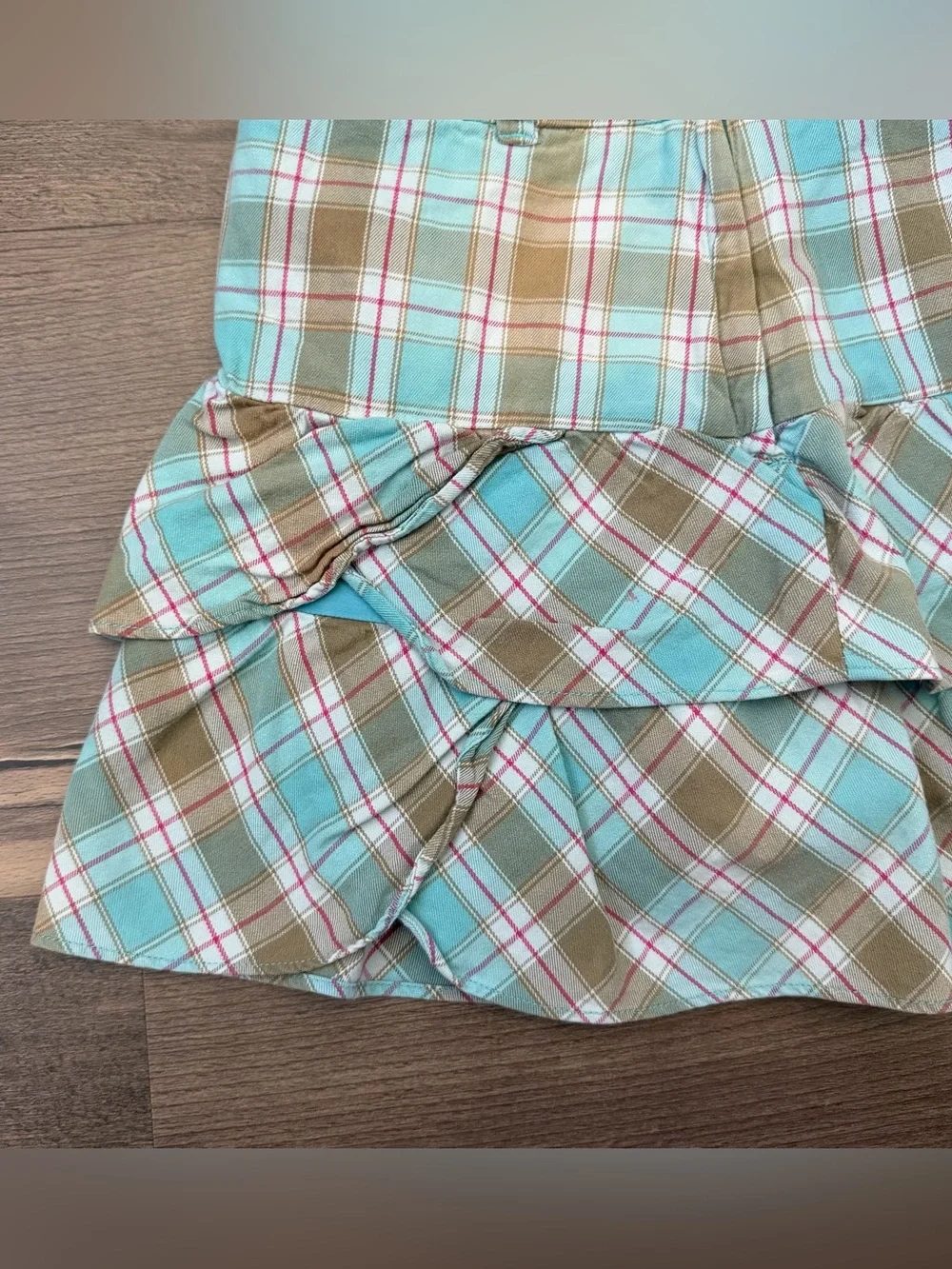 Vintage Y2K '05 GAP Kids Blue & Tan Plaid Tiered Ruffle Skirt Size 8